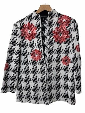 Ming Wang White Black Poppy Red Knit Jacket Cardigan XS NWT Luxury Career Wear